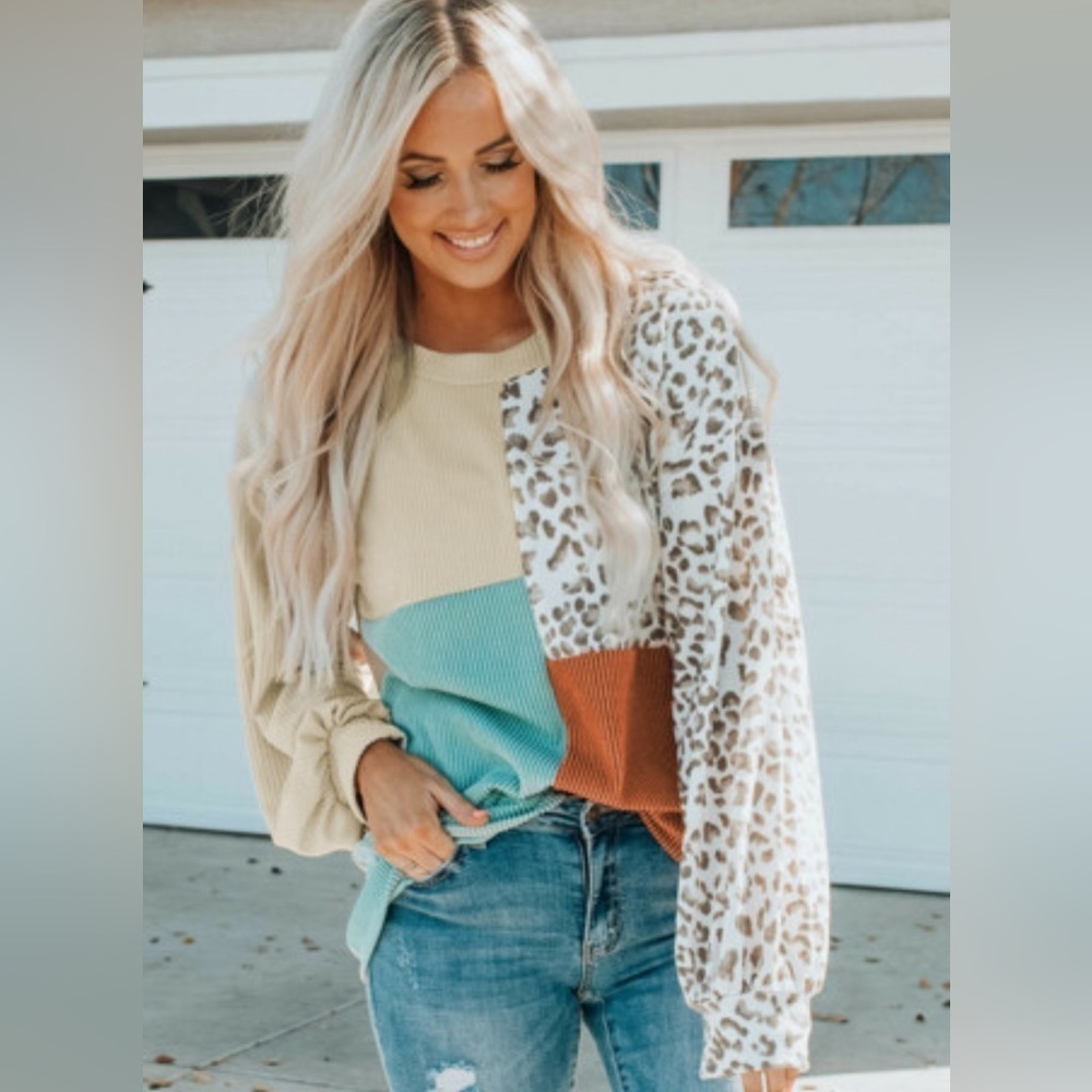 NEW Leopard Cream Rust & Turquoise Patchwork Ribbed Long Sleeve Top